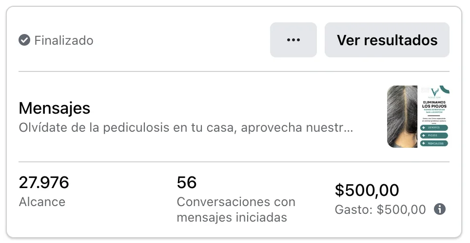 Captura de Meta Ads de Campaña de pediculosis