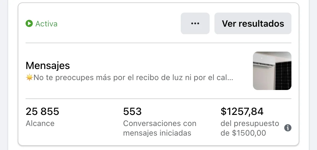 Captura de Meta Ads de Campaña de climatización