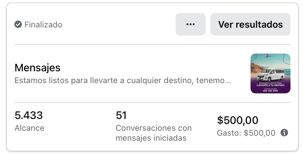 Captura de Meta Ads de Campaña de transporte