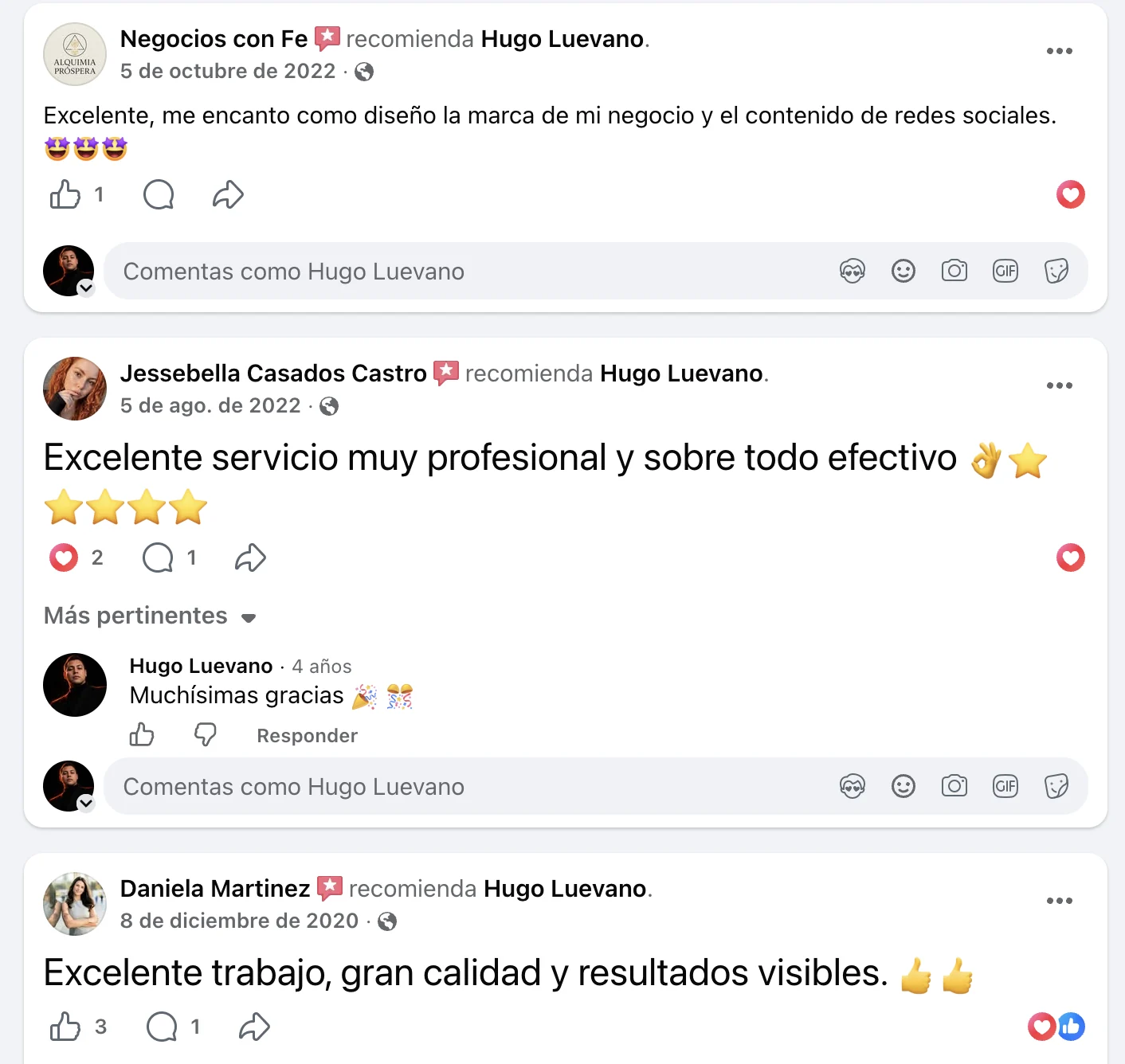Captura original de Facebook: Negocios con Fe · Jessebella · Daniela